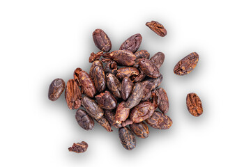 Top view pile of dry roasted cacao nibs isolated on white background with clipping path.