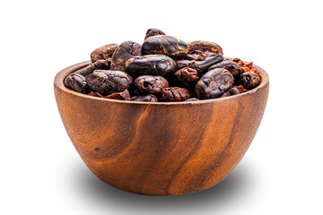Cacao nibs dry crack roasted in wooden bowl isolated on white background with clipping path.