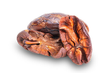 Extreme closeup view pile of dry roasted crack cacao nibs isolated on white background with clipping path.