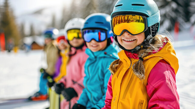 Group of young children standing next to each other on skis. This picture can be used to depict winter sports and activities