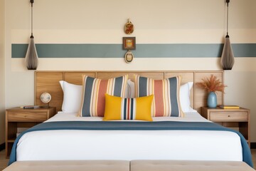 a king-size platform bed with striped sheets and pillows