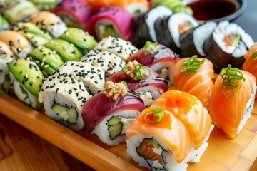 Here is the image based on your description and tags It depicts a delicious and healthy meal, showcasing an array of sushi with salmon, alongside a selection of cheese, bread, vegetables, and other co