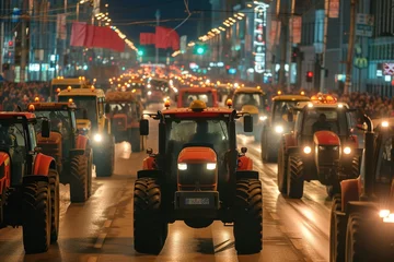 Rolgordijnen Many tractors blocking city streets. © Bargais