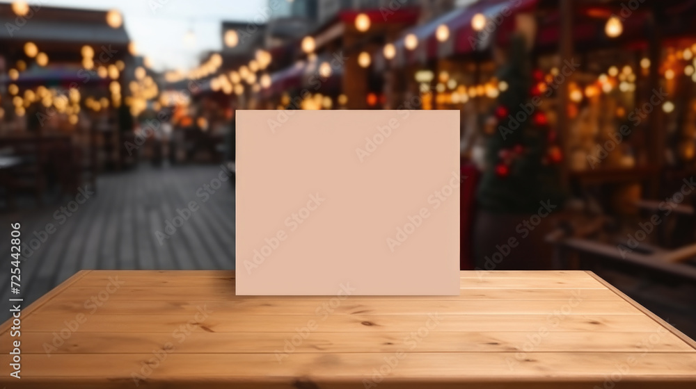 Poster wooden table with blank card placed on it. suitable for use in various projects