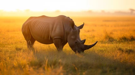 Fotobehang Serene Sunset Encounter: Majestic Rhino on Grassy Plain AI Generated. © Demo