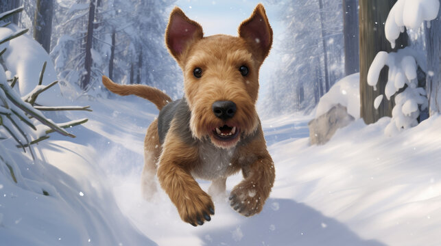 Dog is seen running through snow in picturesque wooded area. This image can be used to depict winter activities or joy of exploring nature