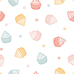 Seamless pattern with colorful muffin and hearts
