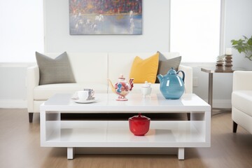 high-gloss white coffee table with a porcelain tea set