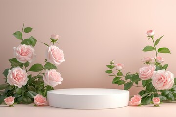 Pink flowers on a podium.