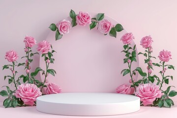 Pink flowers on a podium.