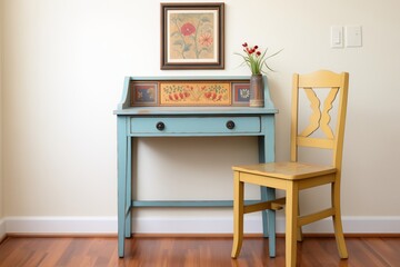 a small corner desk with a painted wooden chair