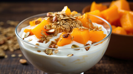 Bowl of yogurt topped with variety of fresh fruits and crunchy nuts. Perfect for healthy and...
