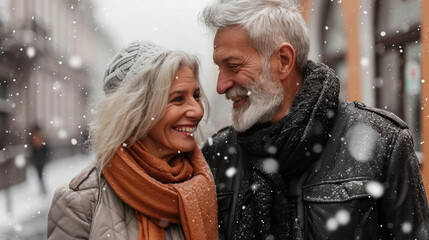 Man and woman standing together in snowy landscape. This image can be used to depict couple enjoying winter activities or to convey sense of romance and togetherness in snowy setting