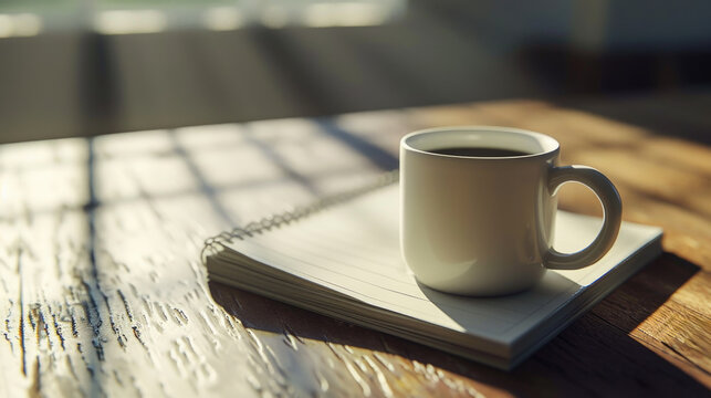 Cup of coffee sitting on top of notebook. Perfect for coffee lovers or anyone looking for cozy workspace image