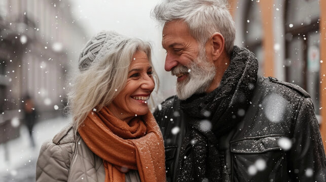 Man and woman standing together in snowy landscape. This image can be used to depict couple enjoying winter activities or to convey sense of romance and togetherness in snowy setting