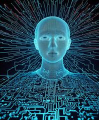 Digital human face. Artificial intelligence AI. Dispersion dissolve disintegration.