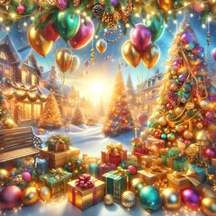 Large decorated New Year's room, balls, Christmas tree and sunlight