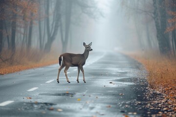 Deer crossing road at misty morning.