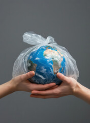 Globe, earth and garbage bag mockup for environment, climate change and pollution concept. Hand holding the planet in plastic for eco system background, awareness poster and protection wallpaper