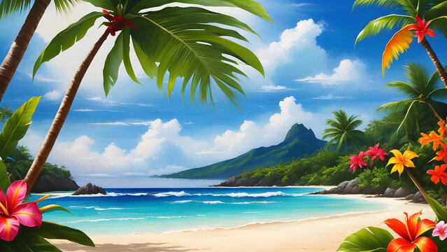 painting art tropical beach backgrounds. for wall art decor and background wallpaper, greeting cards, stationery, wedding invitations, and decorations. Generative Ai