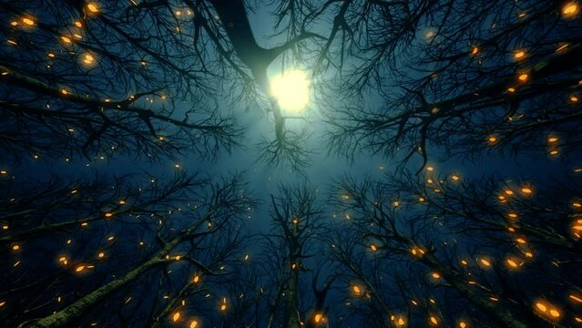Rays of moonlight illuminate the falling leaves in the autumn forest. Bottom up view. 3D animation. Seamless looped. 4k. 