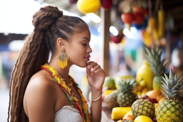woman with braided hair tasting exotic fruit at market stand