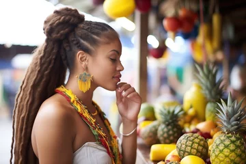 Tuinposter woman with braided hair tasting exotic fruit at market stand © studioworkstock