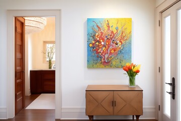 brightly colored artwork hanging in a neutraltoned foyer