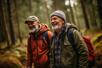 Fototapeta premium Two older men are depicted walking in woods with backpacks. This image can be used to illustrate activities such as hiking, nature exploration, or leisurely walks in forest