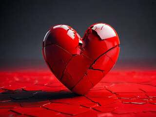 Red broken heart shape, Broken heart breakup concept.