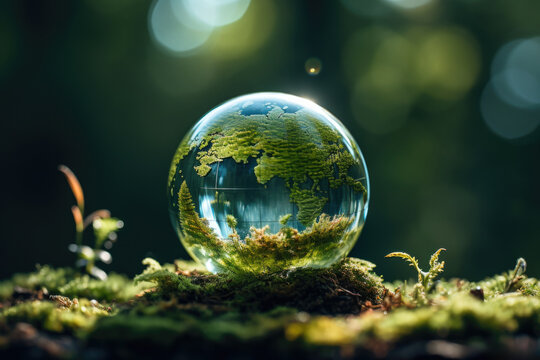 Glass globe resting on ground covered in vibrant green moss. This image can be used to represent nature, environment, or sense of calm and tranquility