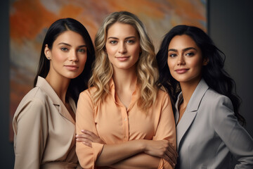 Fototapeta premium Three women standing together in group. Suitable for team building, friendship, or diversity concepts