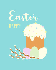 Happy Easter card on blue background with decorated Kulich cake and eggs in pastel colors. Inscription and willow branches with fluffy buds.