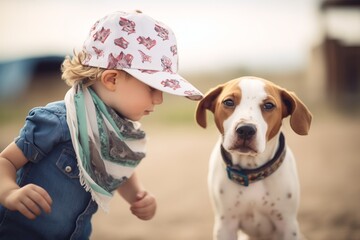 child with cowboy bandana playing with farm dog