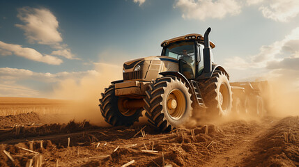A Modern Tractor Powerfully Plows Through the Farmland, Kicking Up Dust Against a Clear Sky, Depicting Agricultural Strength and Productivity