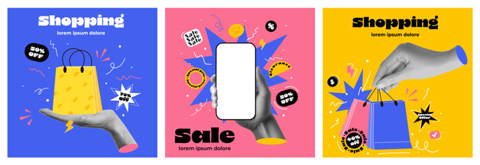 Online Shopping or delivery service banner concept in bright trendy colors with collage hands holding shopping bags and smartphone. Sale banner concept. Vector illustration