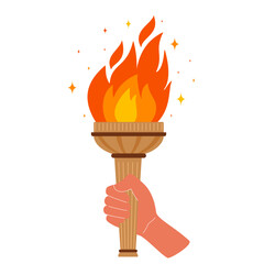 Hand with flaming torch. Burning torch flame in hand. Symbols of relay race, competition victory. Vector illustration.
