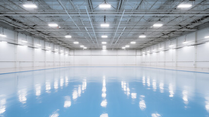 Wide Angle View of a Spacious and Pristine Indoor Ice Rink with Reflective Blue Surface and Bright Overhead Lights