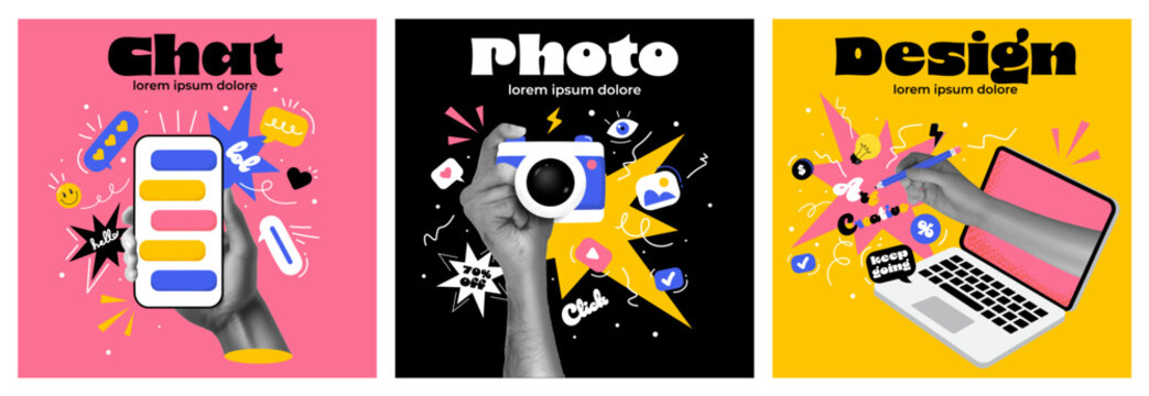 Business process. Contemporary art collage made of shots of hands working hardly isolated over colored background, Concept of art, finance, career, co-workers, team. Vector illustration