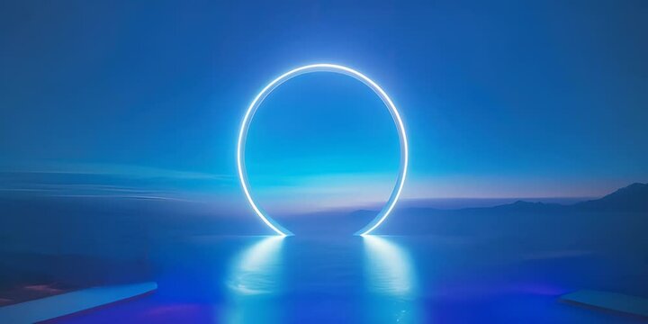 Neon circle above the water surface in twilight light.
