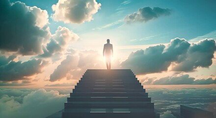 Person on a staircase to the sky. Concept of success and ambition.