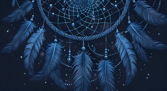 Dreamcatcher with feathers on a dark blue background with stars.