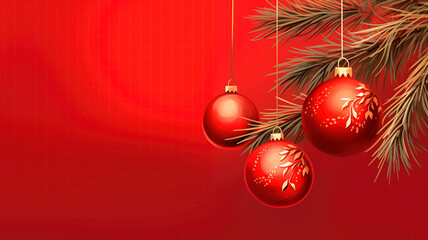 Red Christmas balls and fir branches on a red background, banner, New Year or Christmas. Christmas tree decorations, place for text. Illustration. Copy space