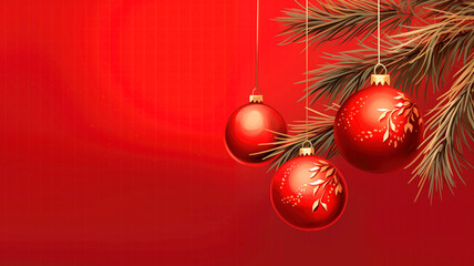 Fototapeta premium Red Christmas balls and fir branches on a red background, banner, New Year or Christmas. Christmas tree decorations, place for text. Illustration. Copy space