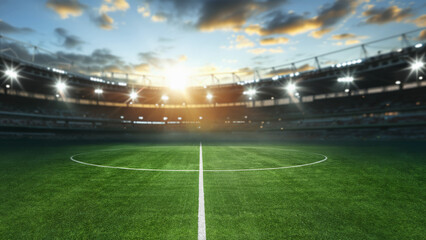 Naklejka premium textured soccer game field with neon fog - center, midfield