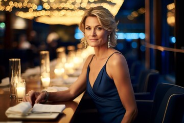 beautiful woman in evening dress sitting at the table in a restaurant