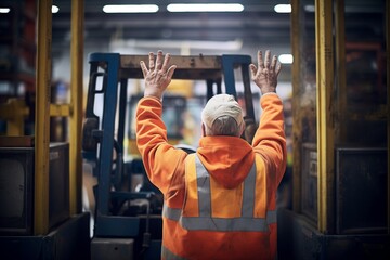 worker in a warehouse with hand up to stop forklift traffic - obrazy, fototapety, plakaty
