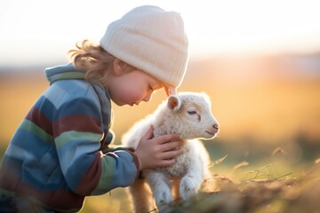 child gently petting a lamb on a sunny pasture
