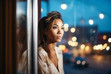 woman by window gazes at urban night lights