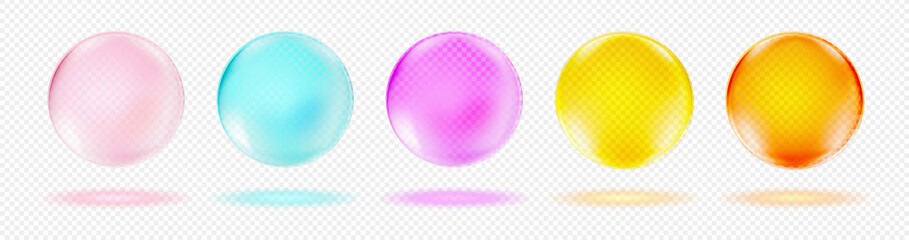 Bright transparent sphere set. Gel collagen orbs, vitamins, serum or crystal balls. Realistic style. Vector Illustration.